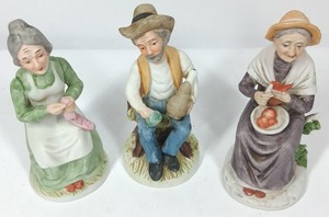 Vintage Porcelain Country Folk Figurines  Elderly Farm Couple & Woman with Produce