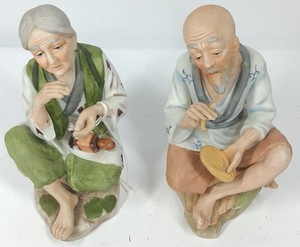 Vintage Asian Porcelain Figurines  Seated Elderly Man & Woman