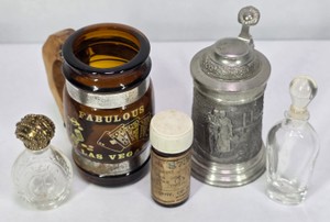 Assorted Vintage Bottles, Pewter Stein & Fabulous Las Vegas Souvenir Mug