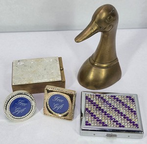 Assorted Vintage Vanity Accessories  Brass Duck, Compacts, Trinket Box & Mini Frames