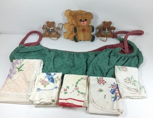 Assorted Vintage Embroidered Linens, Knitwear & Wooden Teddy Bear Decor