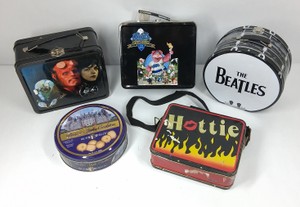 Assorted Novelty Metal Lunch Boxes & Tins  The Beatles, Hottie & More