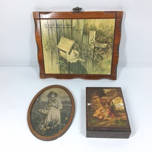 Vintage Wooden Decorative Boxes & Framed Girl Portrait