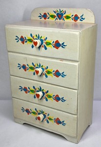 Vintage 1978 Wooden Doll Dresser Toy with Folk Art Floral Design