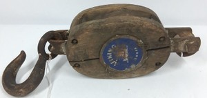 Antique Wooden Double-Sheave Pulley Block with Iron Hook