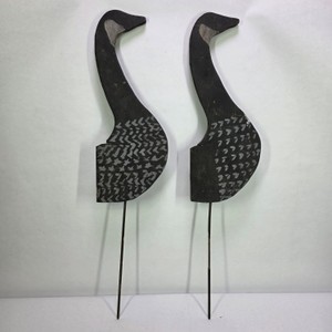 Vintage Hand-Carved Folk Art Goose Decoys on Metal Stakes