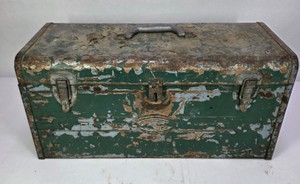 Vintage Green Metal Tool Box with Automotive Hand Tools