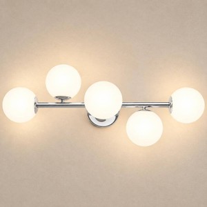 Bathroom Vanity Lights, Mid Century Modern 5-Light Bathroom Light Fixtures, Chrome Bathroom Lights Ceiling Light, Wall Sconces Wall Mount Light Fixtures with Milk Globe Glass, Chrome Finish, G9 Base