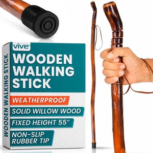Vive Wooden Walking Stick for Hiking - Balance & Hiking Staff - Wood Walking Stick for Men, Women, Seniors - Strong, Non-Slip Wood Cane for Stability - Handcrafted, Waterproof, Leather Wrist Strap