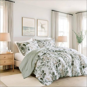 Lightweight Seersucker Botanical Comforter Set King Size, 3 Pieces Reversible Design with Striped Print, Premium Microfiber Bedding Set, Comforter and Sham Set, Green