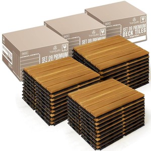 Acacia Wood Interlocking Deck Tiles, Waterproof Patio Tiles, 27 PCS- Golden