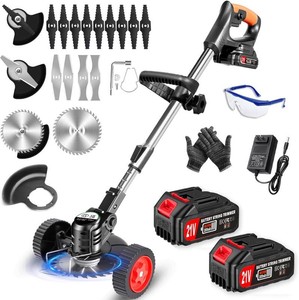 Electric Weed Wacker Eater Battery Powered 3 in 1 Cordless Weed Trimmer 2 21V Battery Operated with 4 Types Blades & Wheels, No-String Grass TrimmerLawn EdgerBrush Cutter for Garden Yard