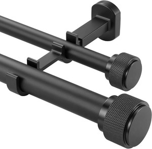 $123 1-18 inch Double Curtain Rod - Premium Nonadjustable 96in8ft Drapery Rods - Heavy Duty Dual Curtain Rods for Windows with Solid Aluminum Finials and Adjustable Concealed Mounting Bracket - Black