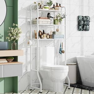 Simple Trending Over The Toilet Storage Rack, Metal 3 Tier Bathroom Organizer Shelf with Paper Holder and 3 Hooks, Freestanding Shelf Space Saver Above Toilet, White