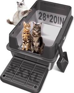XXL Stainless Steel Litter Box with Lid, 28 Lx20 W Extra Large Cat Litter Boxes for Big Cats, Jumbo Metal Litter Box with Footboard & Scoop,Anti-Leakage,Non-Sticky,Odorless,Easy to Clean