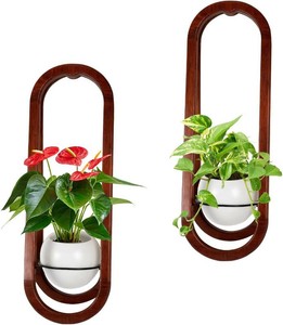 JOJOCY Wall-Mounted Modern Oval Wooden Vase 2PCS, Oval Hanging Plant Stand with Ceramic Pots for Indoor Living Room Bedroom Decor (Walnut Wood)
