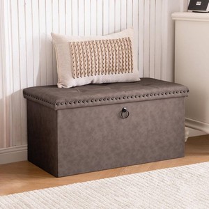 30 Inches Storage Ottoman Bench, Foldable Foot Rest with Rivet Design, 15 x 30 x 15 Inches, End of Bed Bench Footstool, Storage Chest, Load up to 330 lb, for Living Room, Bedroom, Entryway, Oak Brown