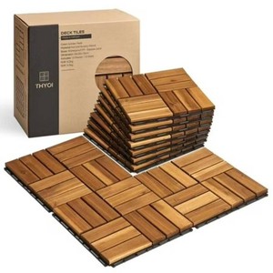 THYOI 10 Pcs Interlocking Deck Tiles 12 x 12, Patio Flooring Outdoor Waterproof, Acacia Wood Tiles All Weather, Floor Tiles for Balcony, Backyard, Indoor and Outdoor use (Square Joint, Golden Teak)
