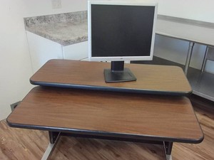 ROLLING COMPUTER DESK WITH HP COMPUTER MONITOR