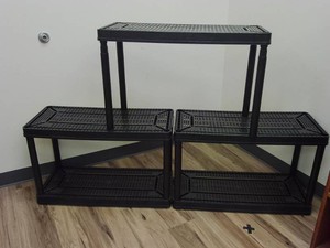 3 STACKABLE PLASTIC SHELVING UNITS