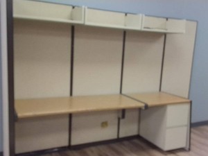 LARGE OFFICE DESK WITH BUILT IN PRIVACY BOARDWALL