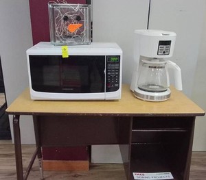 NICE METAL DESK, COFFEE MAKER, MICROWAVE AND GLASS SNOWMAN