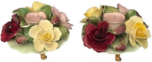 K - Vintage Porcelain Floral Candleholders by Denton Lot of 2