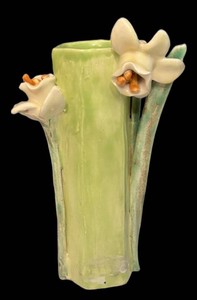 FR - Green Glazed Floral Art Pottery Daffodil Vase