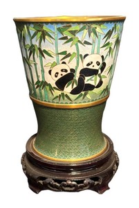 LR - Cloisonn  Panda Vase With Bamboo Motif and Wood Stand