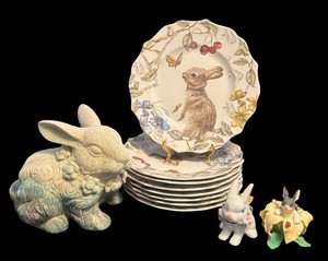 LR - Eight Pier 1 Imports Sofie the Bunny Plates with Bunny Figurines