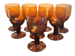LR - Set of Eight Vintage Amber Glass Goblets