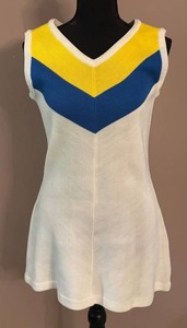 FC1 - Vintage 1970s Number 1 Sun Knit Tennis Dress - White Blue Yellow Chevron, Waist 14