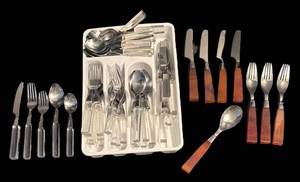 LR - Vintage 55 Piece Amber and Clear Handled Flatware Sets