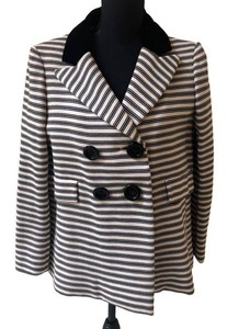UC1 - Vintage Mamselle by Betty Carol Black and White Striped Double-Breasted Peacoat Jacket with Velvet Collar