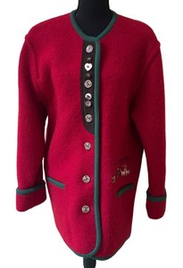 UC1 - Vintage 1980s Geiger Collections Alpine Embroidered Jacket Size 40  Vintage Geiger Red Boiled Wool Cardigan Jacket with Novelty Buttons