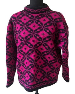 UC1 - Vintage 80s Top Notch Knits Handcrafted Wool Sweater - Hot PinkBlack Geometric Mock Neck- Size L
