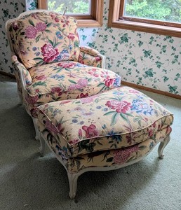 MB - Vintage Floral Upholstered Armchair & Ottoman