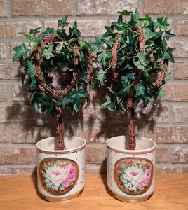 MB - Faux Topiary Pair - Potted Ivy Plants in Floral Planters