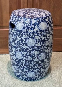 UL - Ceramic Garden Stool - Blue & White Floral Pierced Drum