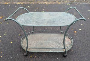 G - Outdoor Patio Serving Cart - Green Metal & Glass Rolling Bar Cart