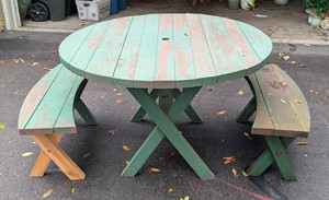 G - Wood Patio Table Set With Two Benches