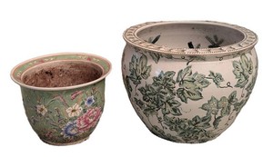 DR - Ceramic Asian Planters - Decorative Floral Pair