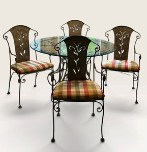 K - Dining Table & 4 Chairs Set - Glass Top Plaid Upholstery