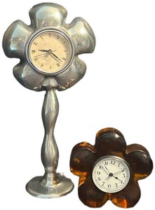 K - Vintage Flower Clocks - Silver & Amber Quartz (Lot of 2)