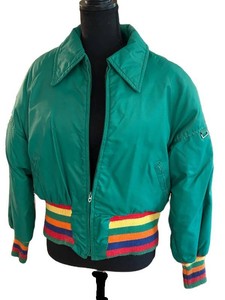 FC1 - Vintage Green Puffer Jacket 70s Rainbow Striped Ski Jacket Retro Puffy Coat Winter Bomber 1970s Puff Zip Up Coat Alpine Designs Large