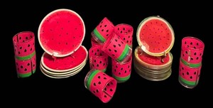 K - Watermelon Tableware Set - 15 Plates, 12 Cups & 5 Bachmans Plates (Lot of 32)