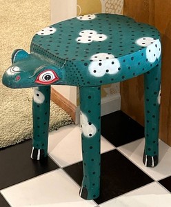 LR - Vintage Whimsical Hand-Carved & Painted Wooden Frog Stool - Balinese Folk Art Plant Stand
