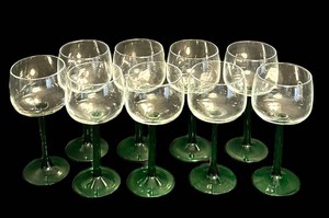 K - Green Stem Wine Glasses - Clear Bowl Set (Lot of 10)
