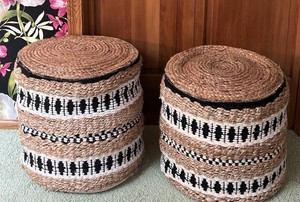 UL - Round Woven Jute Poufs - Arhaus Atalie Boho Pair (Lot of 2)