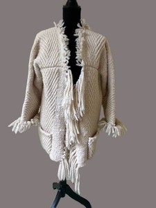 UC2 - Vintage Fringe Knit Cardigan - Cream Open Front Sweater Jacket
